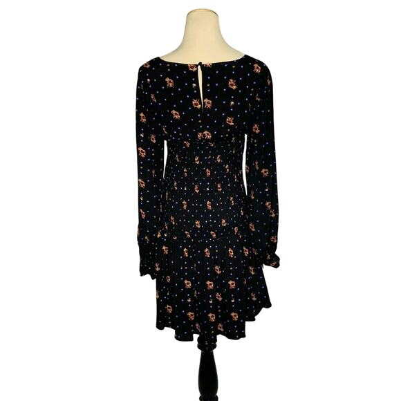 FREE PEOPLE black Floral Long Sleeves Peasant Mini Dress Small - Picture 2 of 11